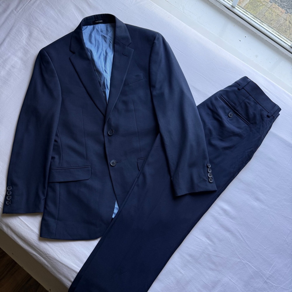 Egara Mens Skinny Fit Stretch Suit Navy Blue 2 Piece Set 36 Short Blazer Pants